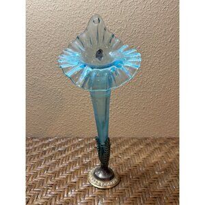 Vintage Fenton Blue Glass Epergne Vase With Ruffled Edge & Metal Base